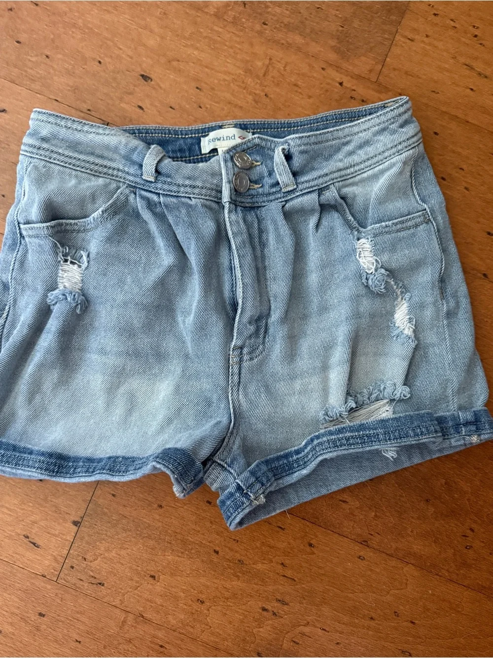 Rewind Light Blue Denim shorts w slight distressing and small hem, sz 5 / 27,guc